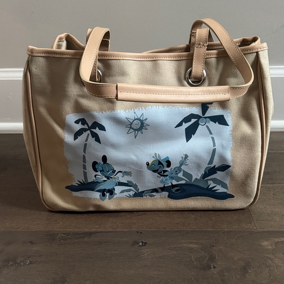 Disney Handbags - Disney Mickey Minnie Tropical Canvas Tote Bag Tan Blue Beach Shopper